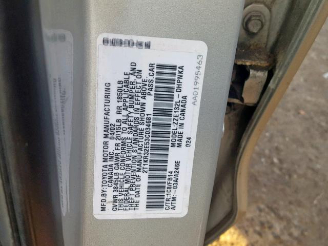 2T1KR32E53C034681 - 2003 TOYOTA MATRIX 灰色 照片 10