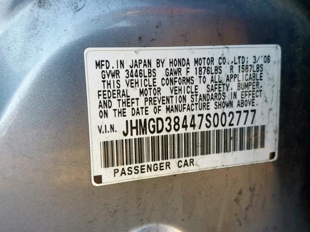 JHMGD38447S002777 - 2007 HONDA FIT GRAY photo 10