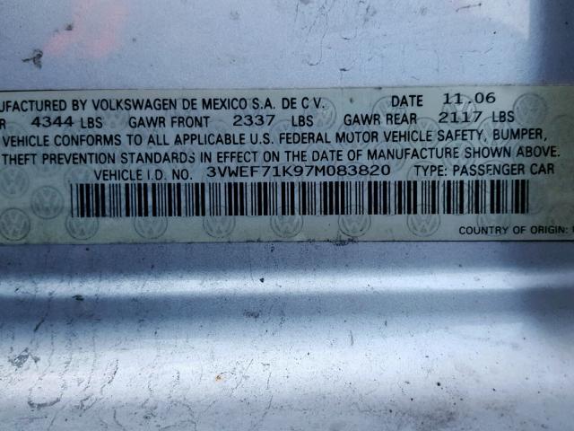 3VWEF71K97M083820 - 2007 VOLKSWAGEN JETTA WOLF SILVER photo 10