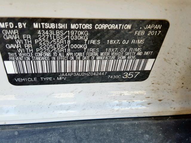 JA4AP3AU2HZ042447 - 2017 MITSUBISHI OUTLANDER WHITE photo 10