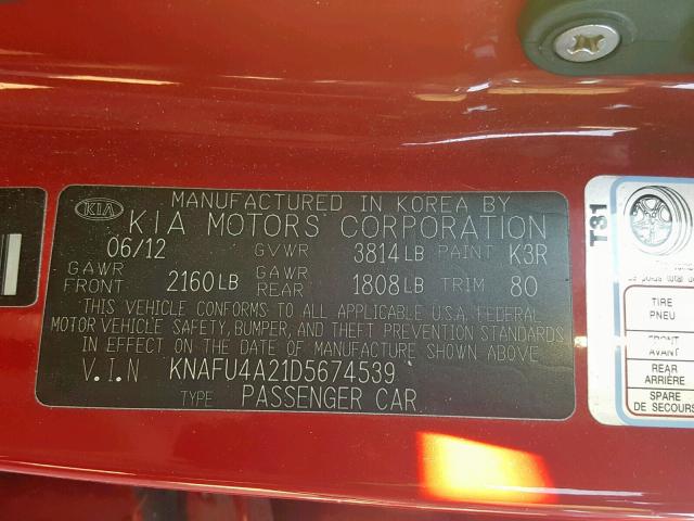 KNAFU4A21D5674539 - 2013 KIA FORTE EX RED photo 10