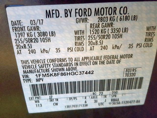 1FM5K8F86HGC37442 - 2017 FORD EXPLORER L GRAY photo 10