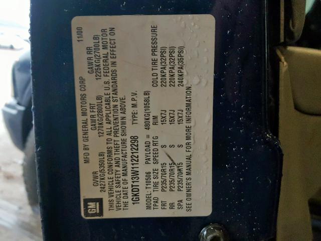 1GKDT13W112212298 - 2001 GMC JIMMY BLUE photo 10