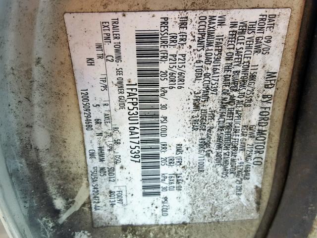 1FAFP53U16A175397 - 2006 FORD TAURUS SE SILVER photo 10