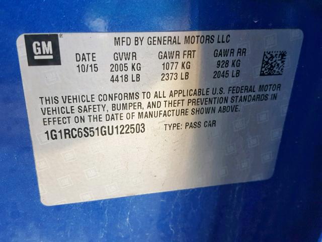 1G1RC6S51GU122503 - 2016 CHEVROLET VOLT LT BLUE photo 10