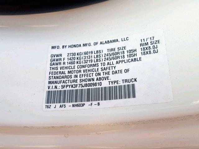 5FPYK3F75JB009810 - 2018 HONDA RIDGELINE WHITE photo 10