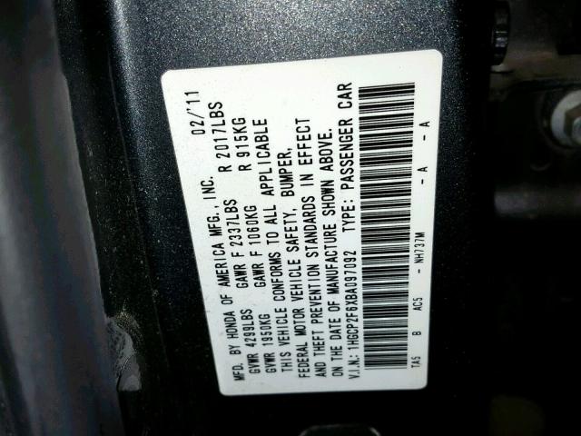 1HGCP2F6XBA097092 - 2011 HONDA ACCORD SE 灰色 照片 10