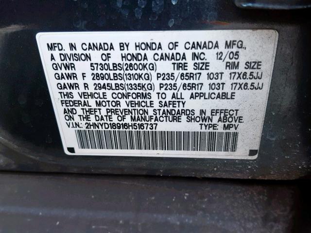 2HNYD18916H516737 - 2006 ACURA MDX TOURIN CHARCOAL photo 10