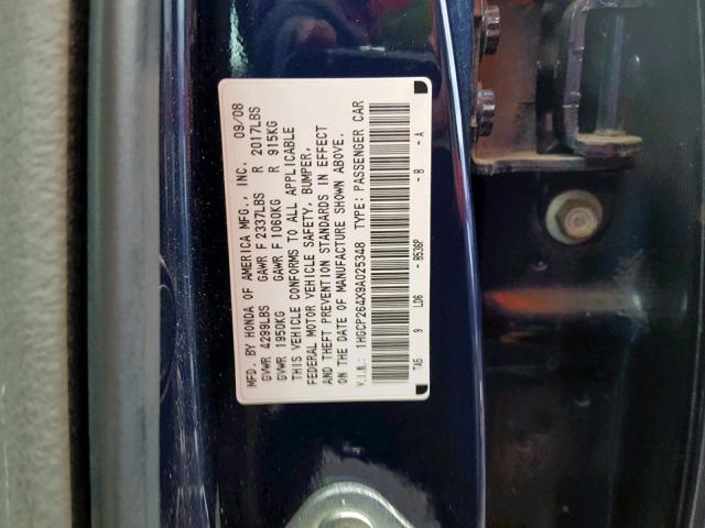 1HGCP264X9A025348 - 2009 HONDA ACCORD LXP BLUE photo 10