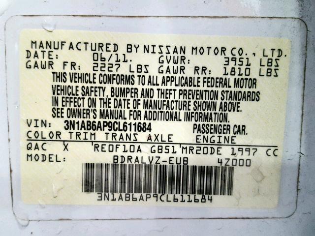 3N1AB6AP9CL611684 - 2012 NISSAN SENTRA 2.0 WHITE photo 10