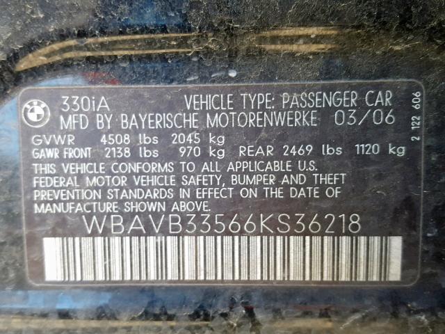 WBAVB33566KS36218 - 2006 BMW 330 I BLACK photo 10