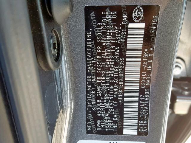 4T1BK1EB9JU272359 - 2018 TOYOTA AVALON XLE GRAY photo 10