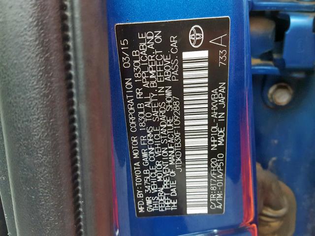 JTDKDTB3XF1092887 - 2015 TOYOTA PRIUS C BLUE photo 10