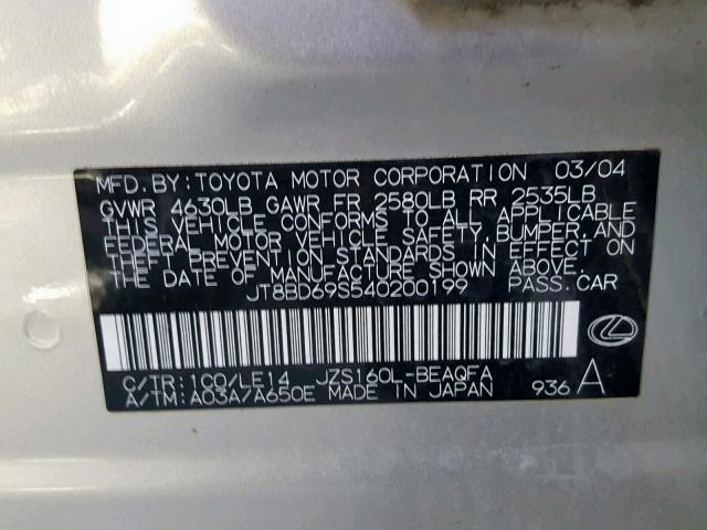 JT8BD69S540200199 - 2004 LEXUS GS 300 SILVER photo 10