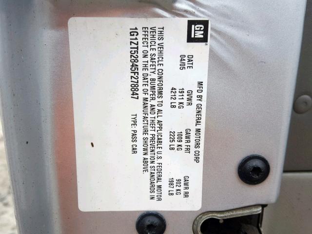 1G1ZT52845F278847 - 2005 CHEVROLET MALIBU LS 银色 照片 10