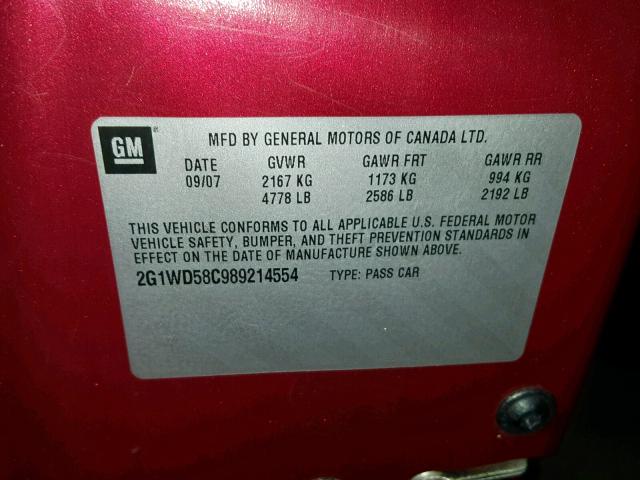 2G1WD58C989214554 - 2008 CHEVROLET IMPALA SUP MAROON photo 10