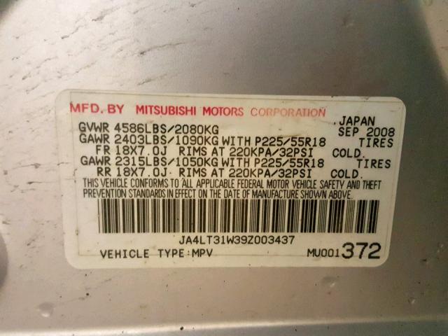 JA4LT31W39Z003437 - 2009 MITSUBISHI OUTLANDER SILVER photo 10