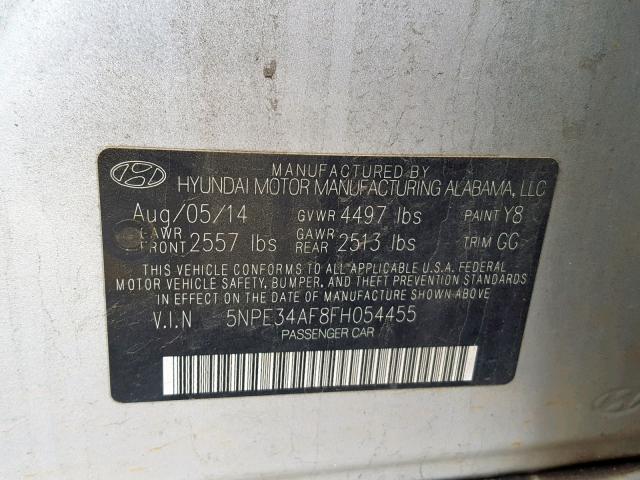 5NPE34AF8FH054455 - 2015 HYUNDAI SONATA SPO SILVER photo 10