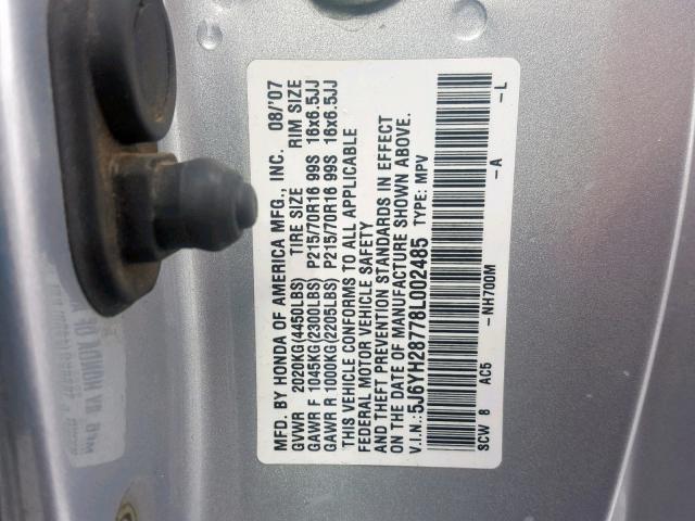 5J6YH28778L002485 - 2008 HONDA ELEMENT EX SILVER photo 10