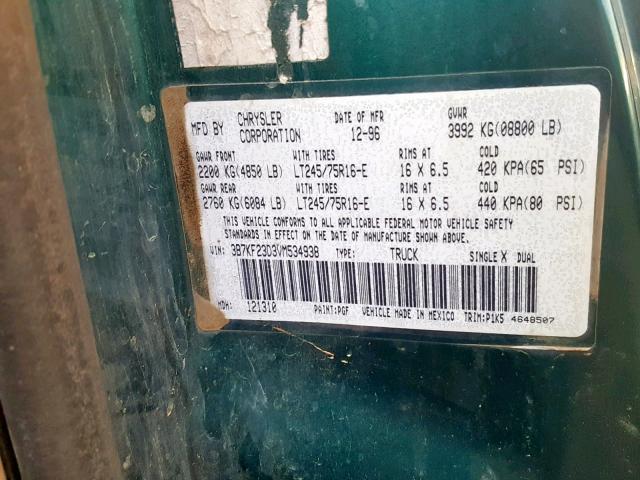 3B7KF23D3VM534938 - 1997 DODGE RAM 2500 GREEN photo 10