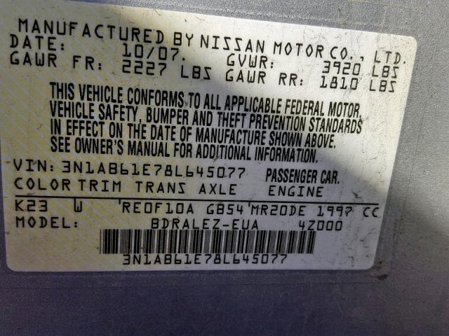 3N1AB61E78L645077 - 2008 NISSAN SENTRA 2.0 GRAY photo 10