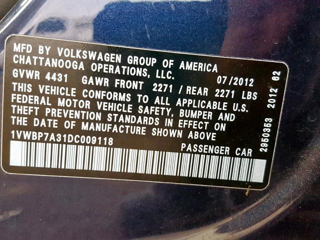 1VWBP7A31DC009118 - 2013 VOLKSWAGEN PASSAT SE BLUE photo 10