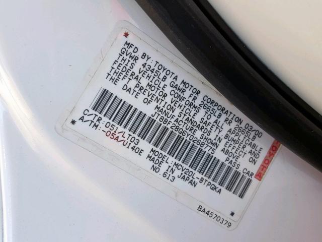 JT8BF28G6Y0268775 - 2000 LEXUS ES 300 WHITE photo 10