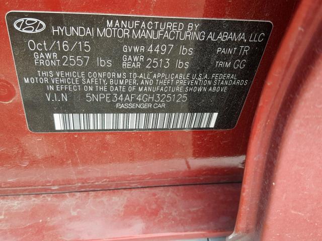 5NPE34AF4GH325125 - 2016 HYUNDAI SONATA SPO RED photo 10