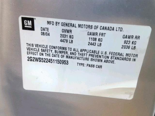 2G2WS522451150953 - 2005 PONTIAC GRAND PRIX SILVER photo 10