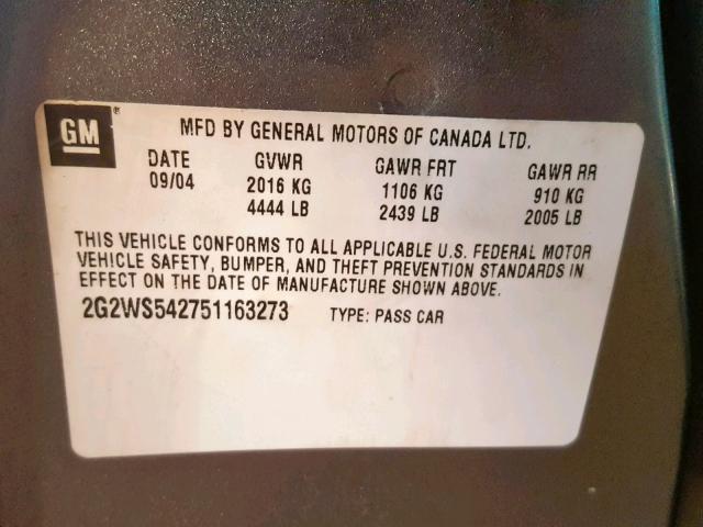 2G2WS542751163273 - 2005 PONTIAC GRAND PRIX GRAY photo 10