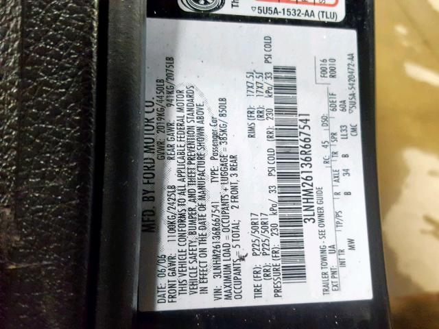 3LNHM26136R667541 - 2006 LINCOLN ZEPHYR BLACK photo 10