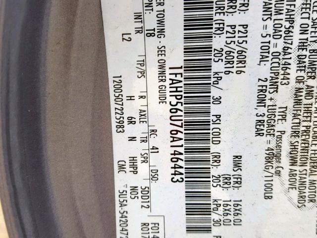 1FAHP56U76A146443 - 2006 FORD TAURUS SEL GRAY photo 10