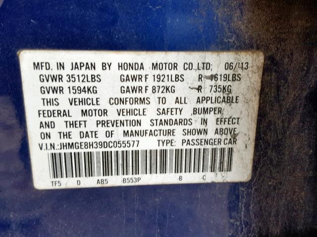 JHMGE8H39DC055577 - 2013 HONDA FIT BLUE photo 10