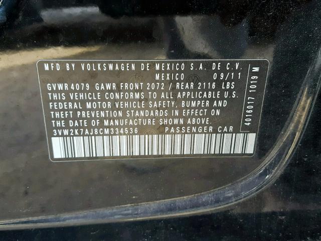 3VW2K7AJ8CM334536 - 2012 VOLKSWAGEN JETTA BASE BLACK photo 10