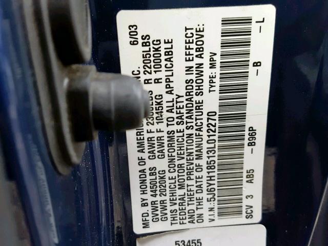 5J6YH18513L012270 - 2003 HONDA ELEMENT EX BLUE photo 10