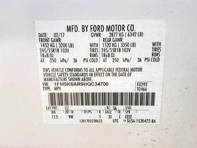 1FM5K8AR9HGC34700 - 2017 FORD EXPLORER P WHITE photo 10