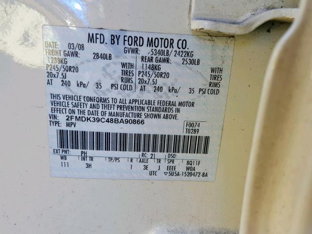 2FMDK39C48BA90866 - 2008 FORD EDGE LIMIT CREAM photo 10