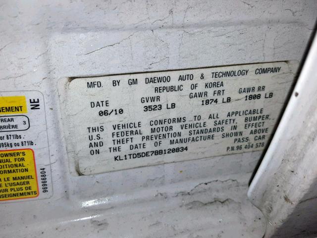 KL1TD5DE7BB120834 - 2011 CHEVROLET AVEO LS WHITE photo 10