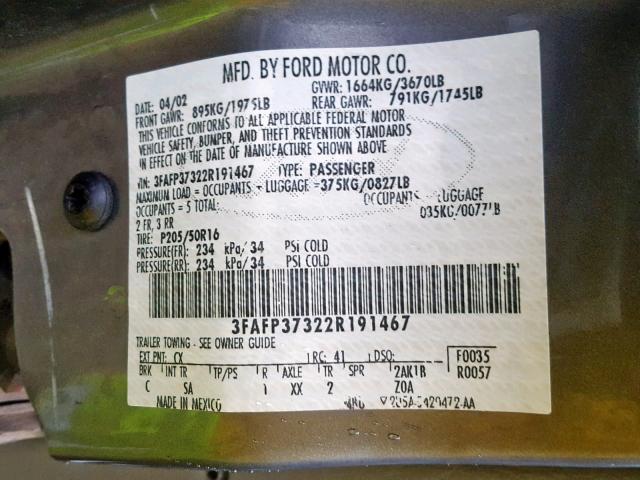 3FAFP37322R191467 - 2002 FORD FOCUS ZX5 GRAY photo 10