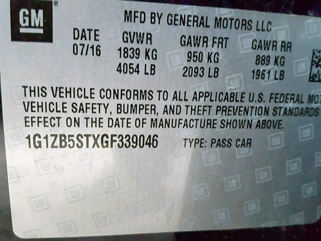 1G1ZB5STXGF339046 - 2016 CHEVROLET MALIBU LS Mavi foto 10