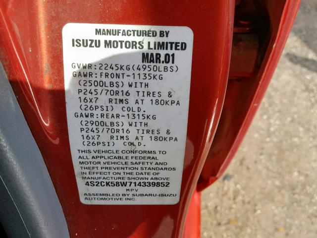 4S2CK58W714339852 - 2001 ISUZU RODEO S RED photo 10