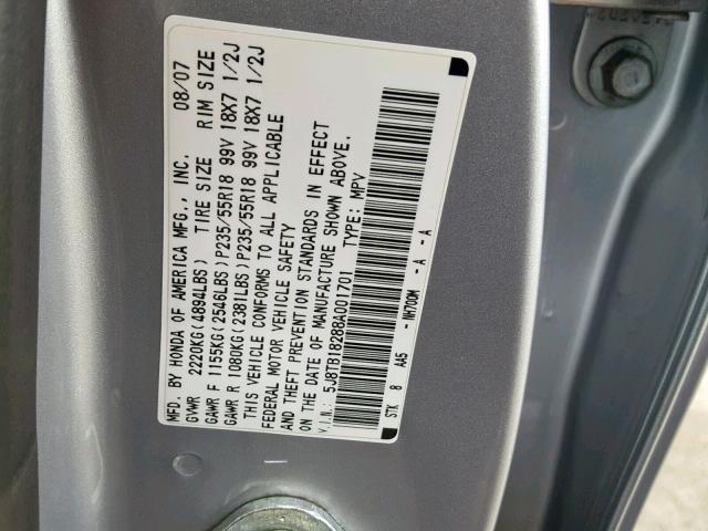 5J8TB18288A001701 - 2008 ACURA RDX SILVER photo 10