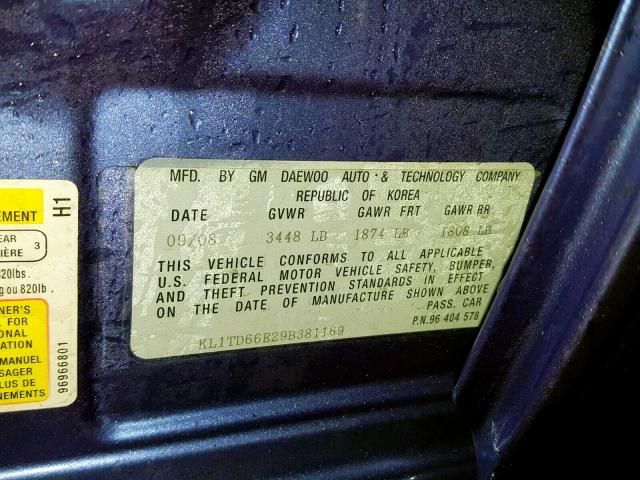 KL1TD66E29B381169 - 2009 CHEVROLET AVEO LS BLUE photo 10