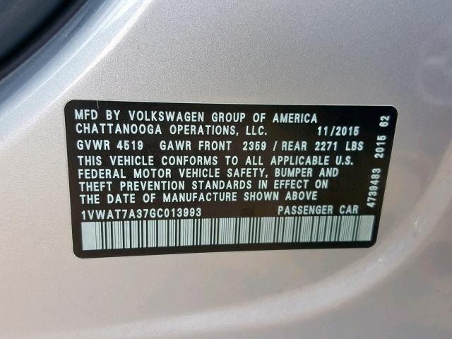 1VWAT7A37GC013993 - 2016 VOLKSWAGEN PASSAT S SILVER photo 10