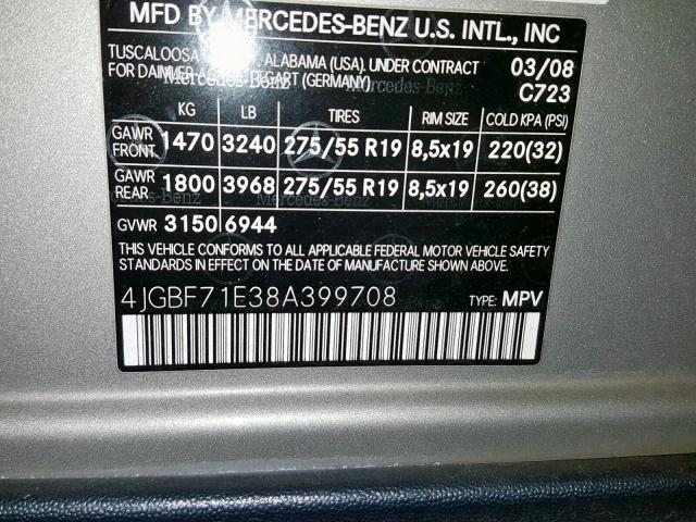 4JGBF71E38A399708 - 2008 MERCEDES-BENZ GL 450 4MA GRAY photo 10