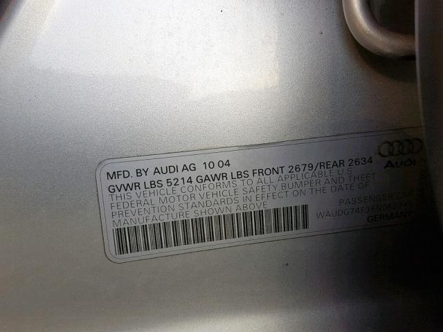 WAUDG74F35N063749 - 2005 AUDI A6 3.2 QUA SILVER photo 10