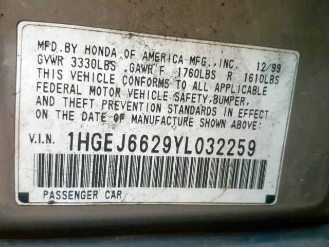 1HGEJ6629YL032259 - 2000 HONDA CIVIC DX GOLD photo 10