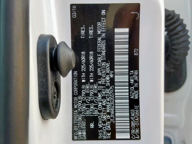 JTJYARBZ3G2037975 - 2016 LEXUS NX 200T WHITE photo 10