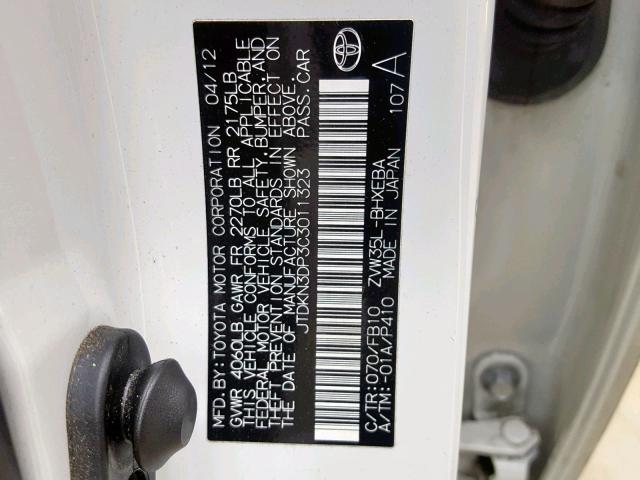 JTDKN3DP3C3011323 - 2012 TOYOTA PRIUS PLUG WHITE photo 10