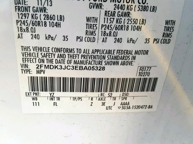 2FMDK3JC3EBA05328 - 2014 FORD EDGE SEL WHITE photo 10